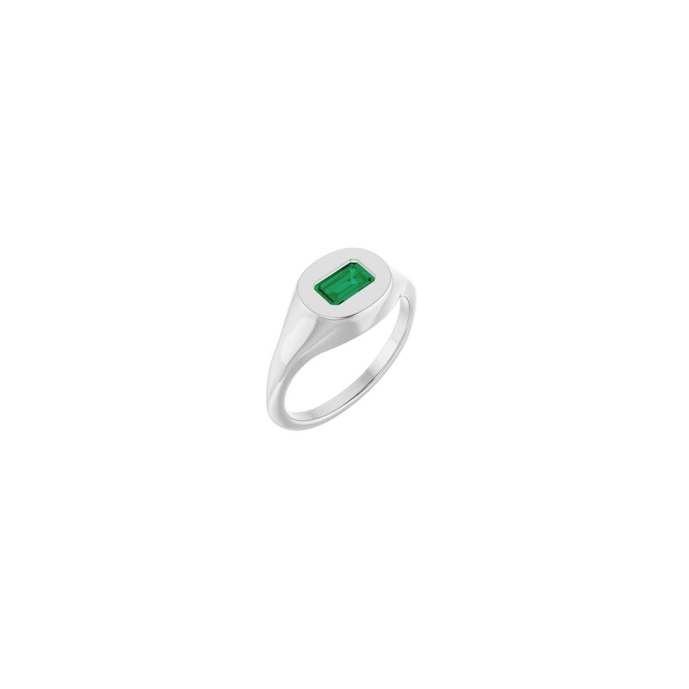 Solitaire Signet Ring - 14K White Gold Emerald Lab-Grown Emerald